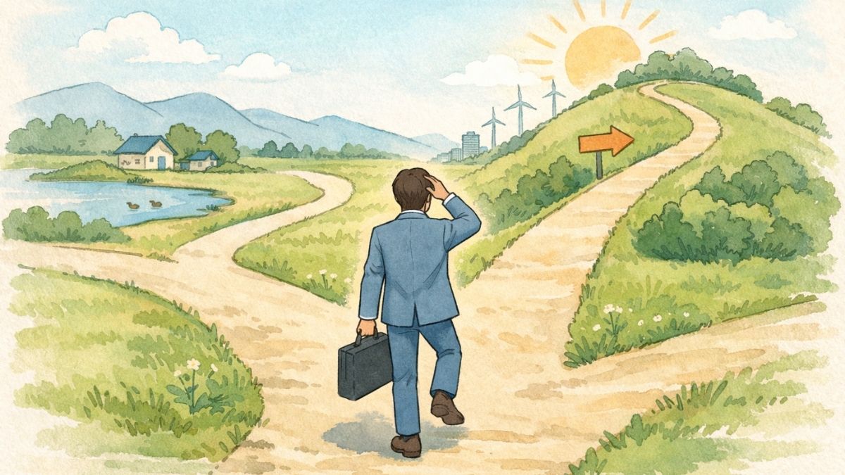 現状維持と次の一手をイメージした分かれ道のイラスト