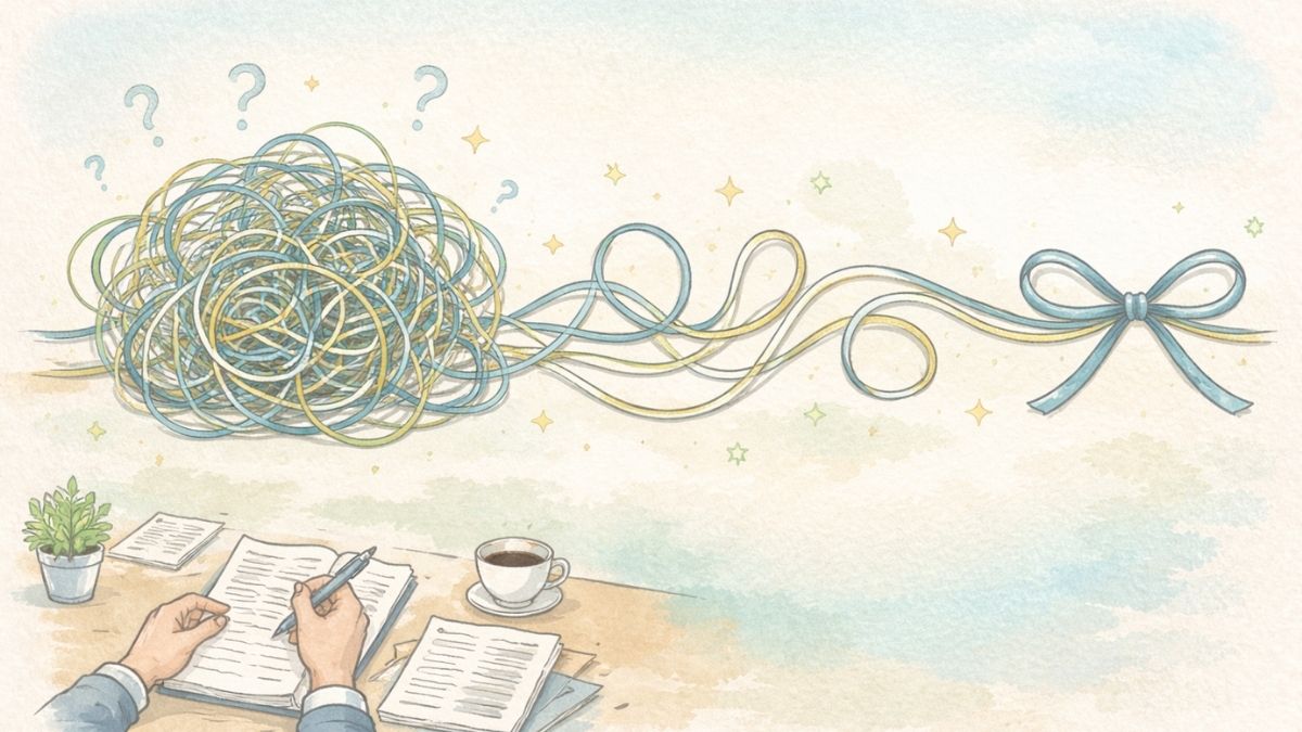 複雑に見える糸が少しずつほどけて整理されていくイラスト