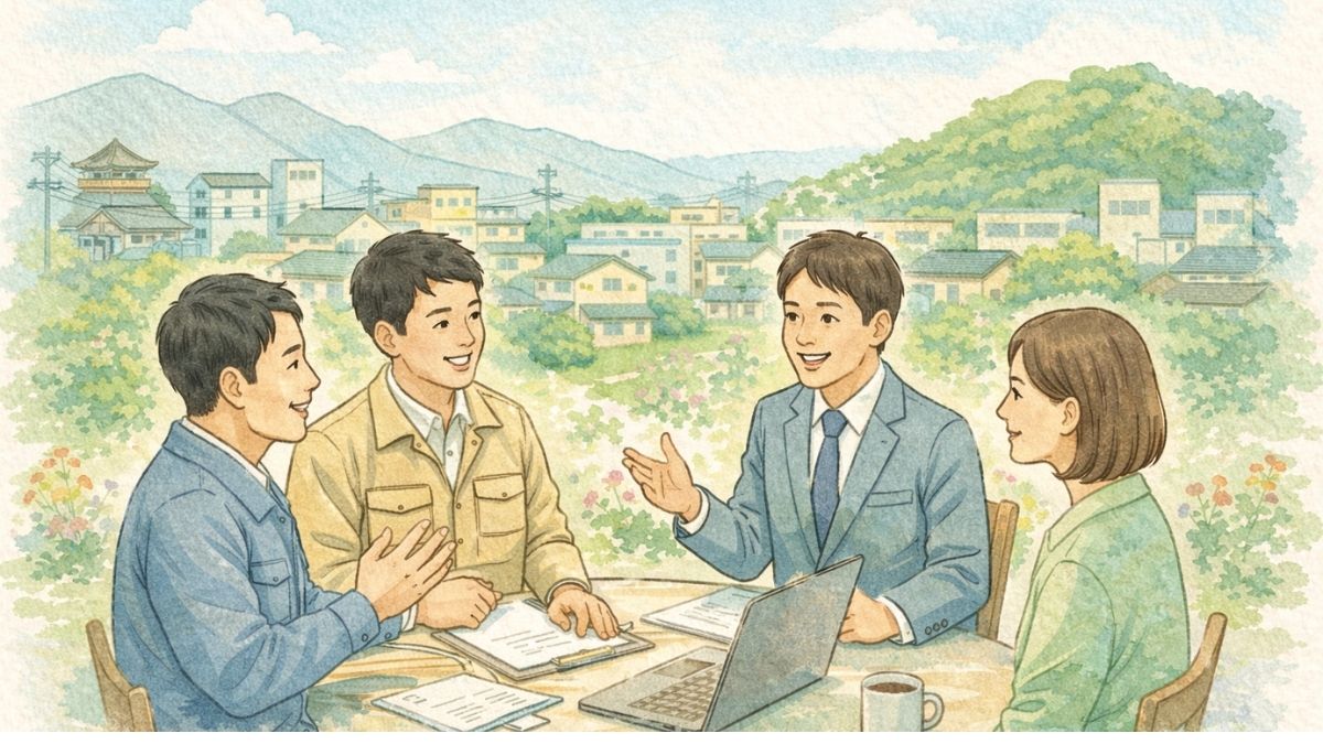 地域の中小企業が前向きに会話している柔らかい雰囲気のビジネス風景イラスト