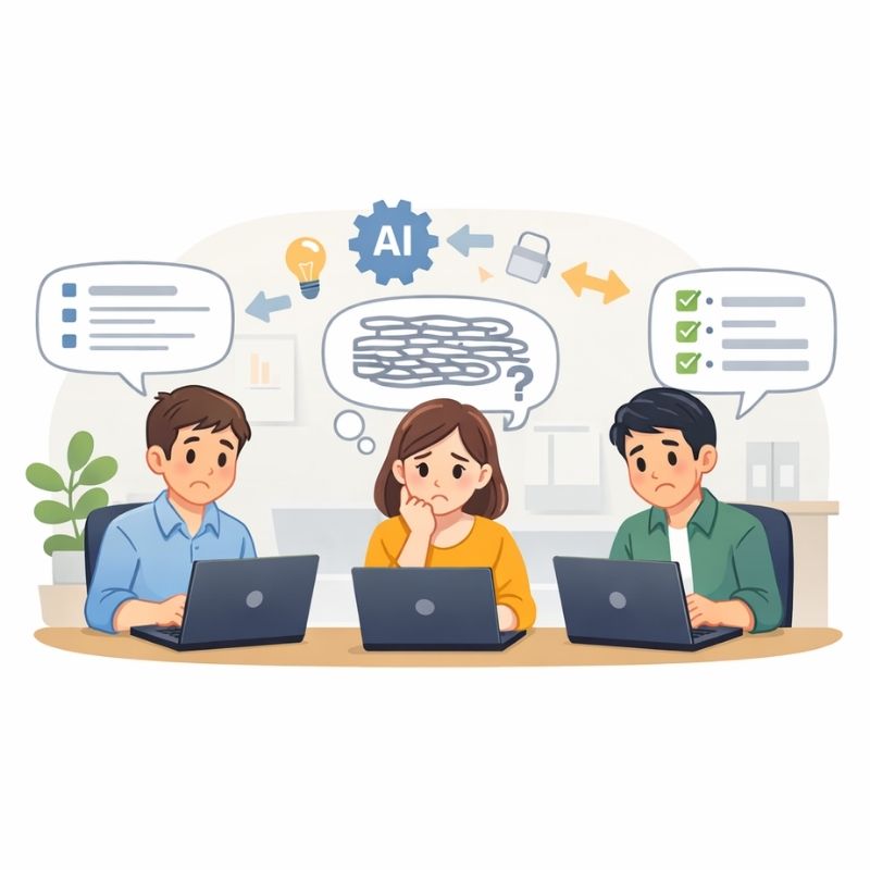 AI活用のやり方が人によってばらついている現場を表すイラスト（文字なし）