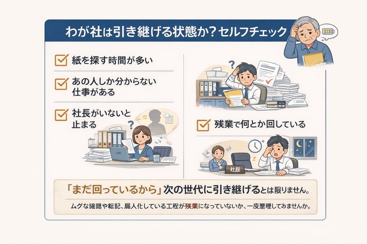 わが社は引き継げる状態かを確認するセルフチェック図解