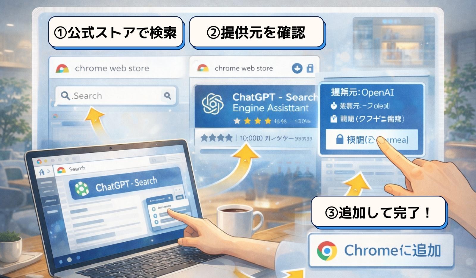 Chrome Web Storeで拡張機能を追加する3ステップのイメージ