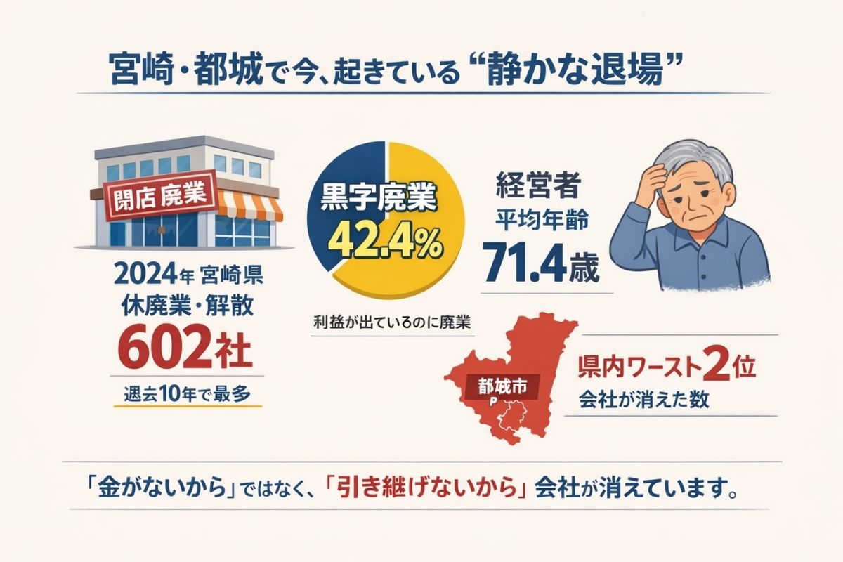 宮崎県の休廃業・解散件数、黒字割合、経営者平均年齢、都城市県内2位を示した図解