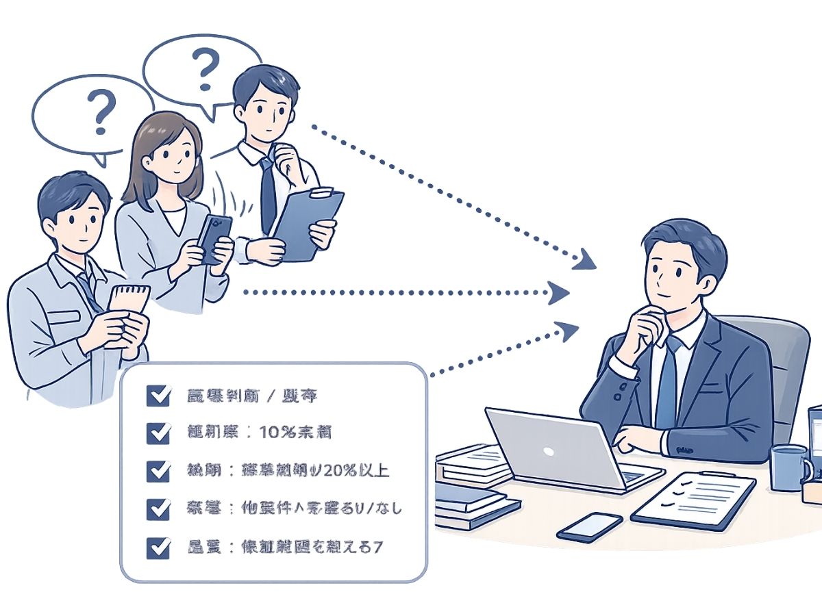 例外対応の確認が管理職に集中する状況を表すイラスト（文字なし）